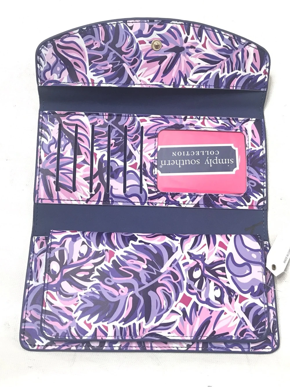 New Simply Southern Leather Trifold Snap Wallet Leaf Pattern Purple Women’s